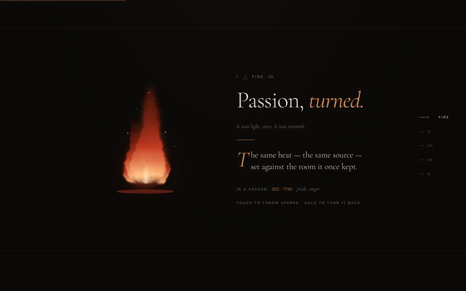Shevirah's Klippot page: a hand-drawn flame beside the line “Passion, turned.”