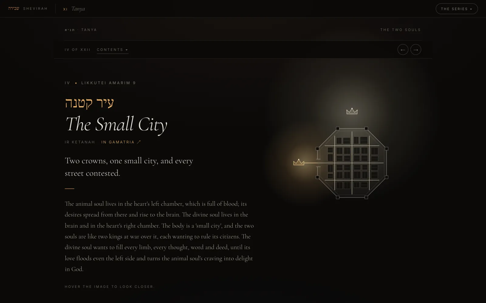 A Tanya teaching, The Small City: a walled city with a crown on either side, next to the paraphrased text.